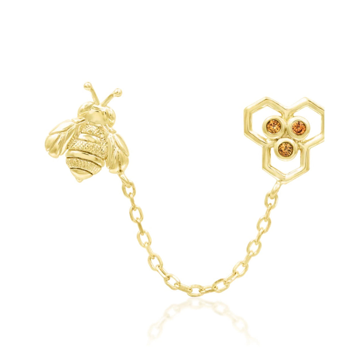 Junipurr Oh Honey gold helix earrings with a bee and champagne CZ honeycomb