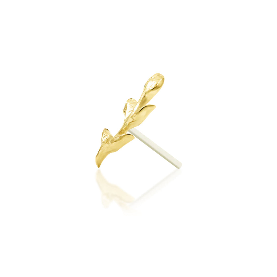Gold helix leaf earring in solid yellow gold, designed as a narrow nature-inspired threadless end. 
