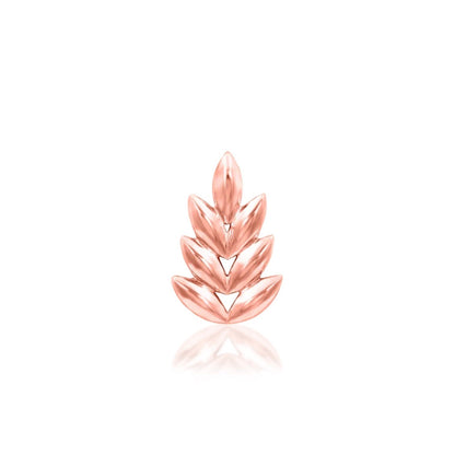 Gold leaf ear climber-style jewellery in solid rose gold with an elongated botanical silhouette.