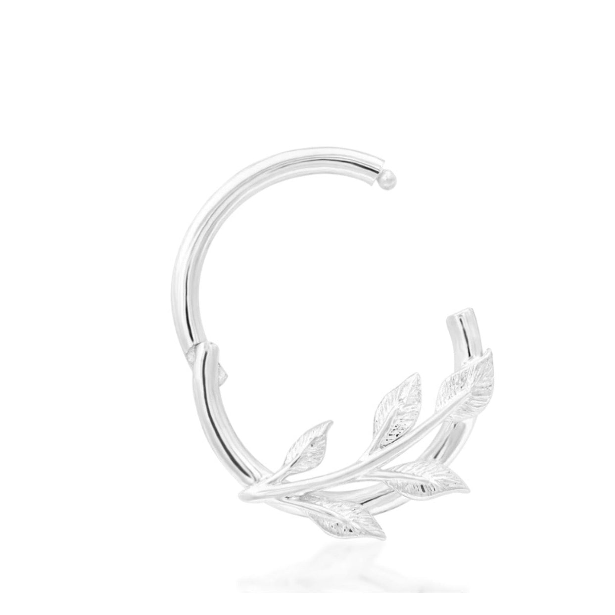 Gold leaf septum jewellery in white gold with a curved branch and small sculpted leaves.