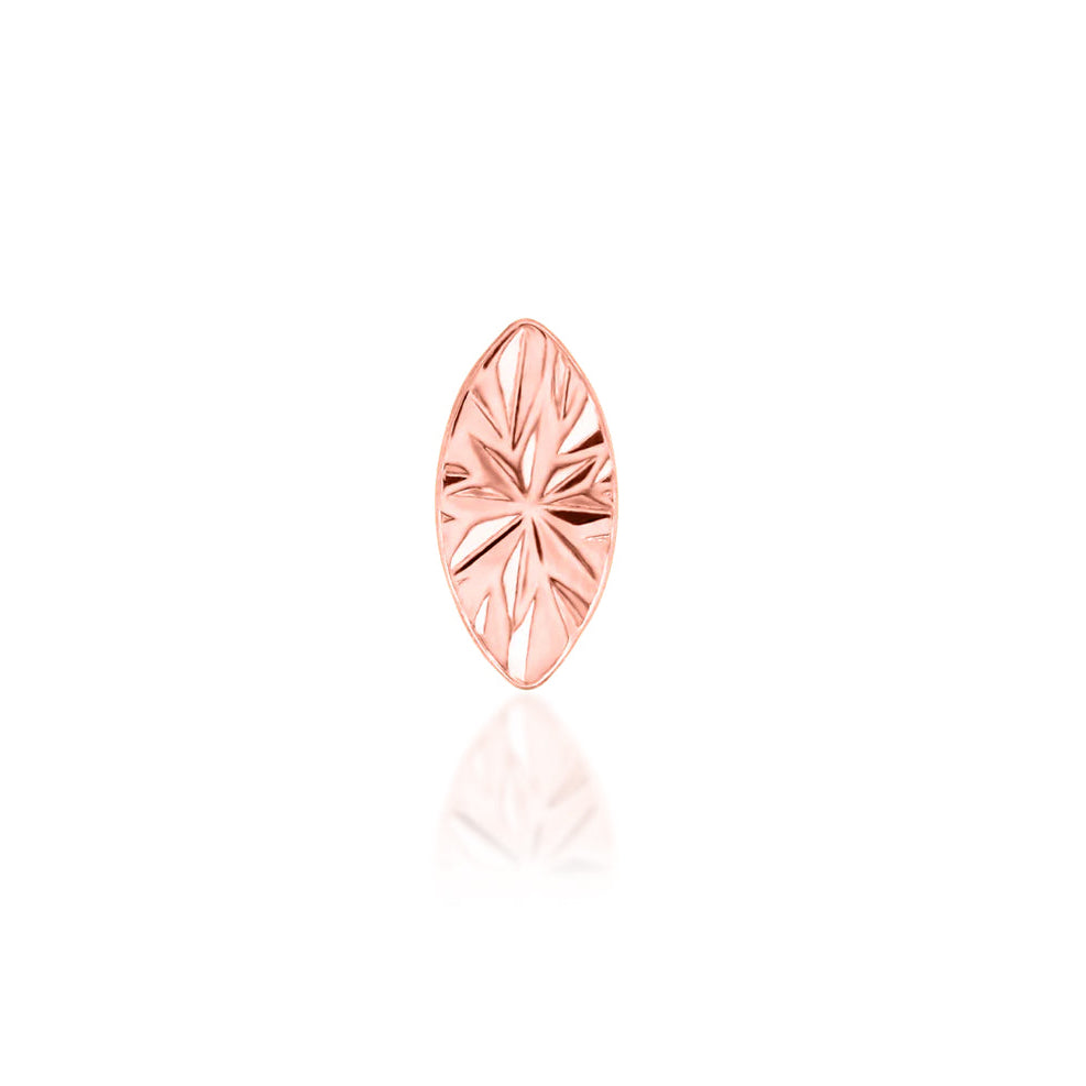 Gold marquise nose stud in 14k rose gold, featuring the compact engraved Junipurr threadless end.
