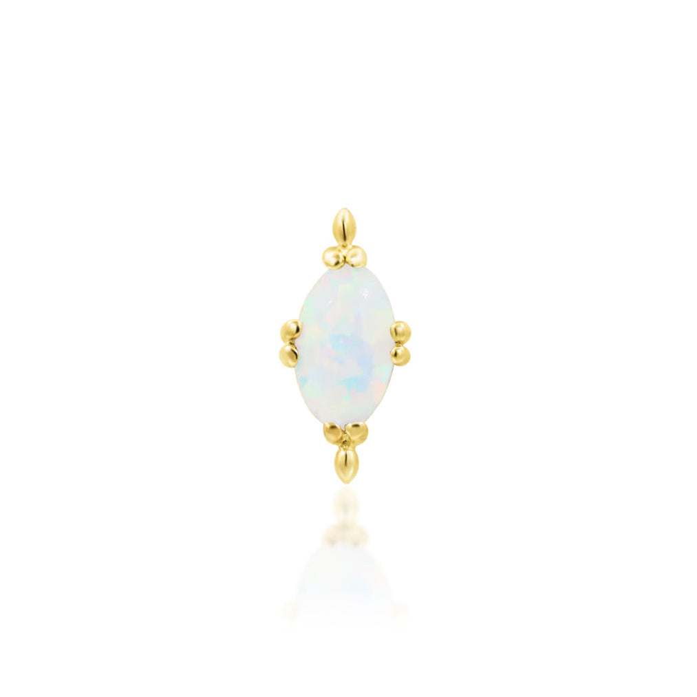Junipurr Xara gold opal flat earring in solid 14k yellow gold with decorative gold beads
