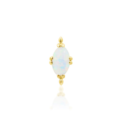 Junipurr Xara gold opal flat earring in solid 14k yellow gold with decorative gold beads
