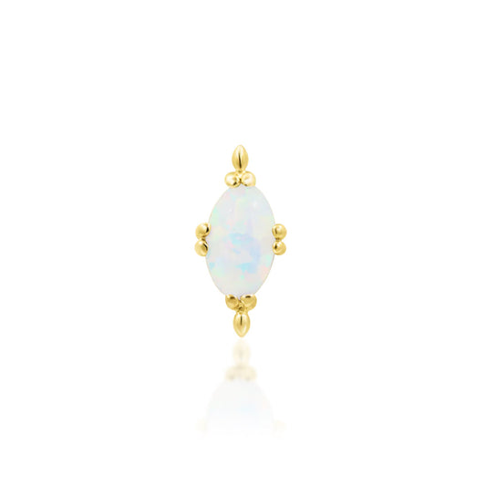 Junipurr Xara gold opal flat earring in solid 14k yellow gold with decorative gold beads
