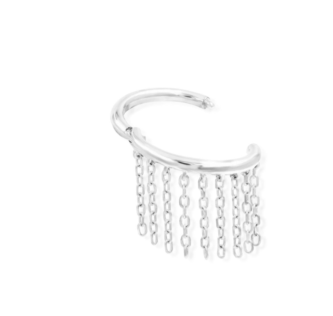 Gold orbital ring in 14k white gold with elegant suspended chains designed for healed piercings.