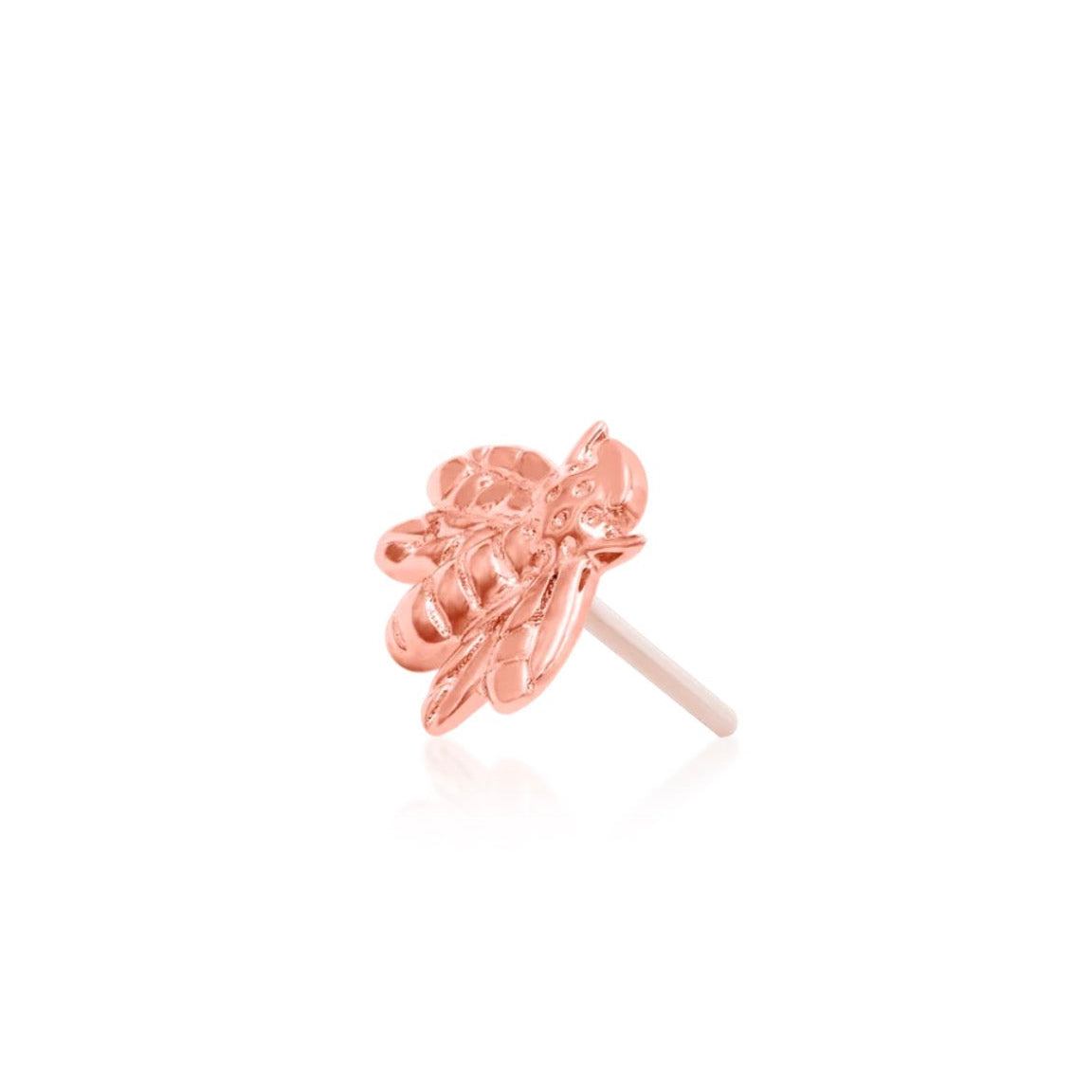 Solid 14k rose gold piercing stud shaped like a miniature bee