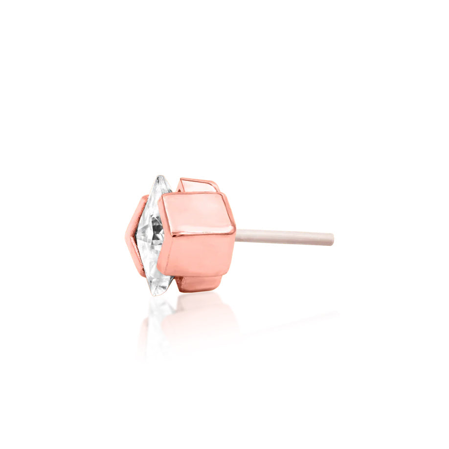 Solid 14k rose gold piercing stud with a geometric princess-cut CZ design
