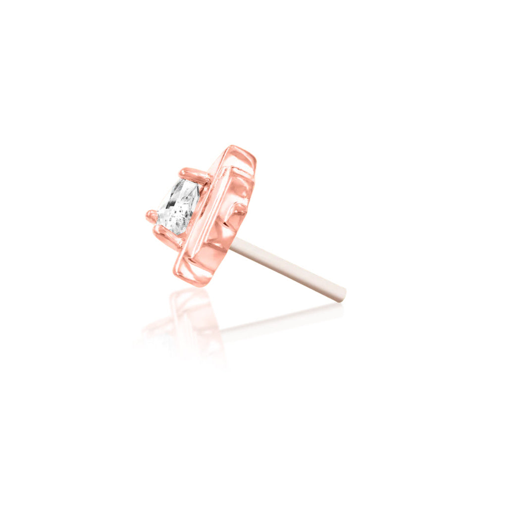 Solid 14k rose gold piercing stud with geometric framing and a triangular CZ

