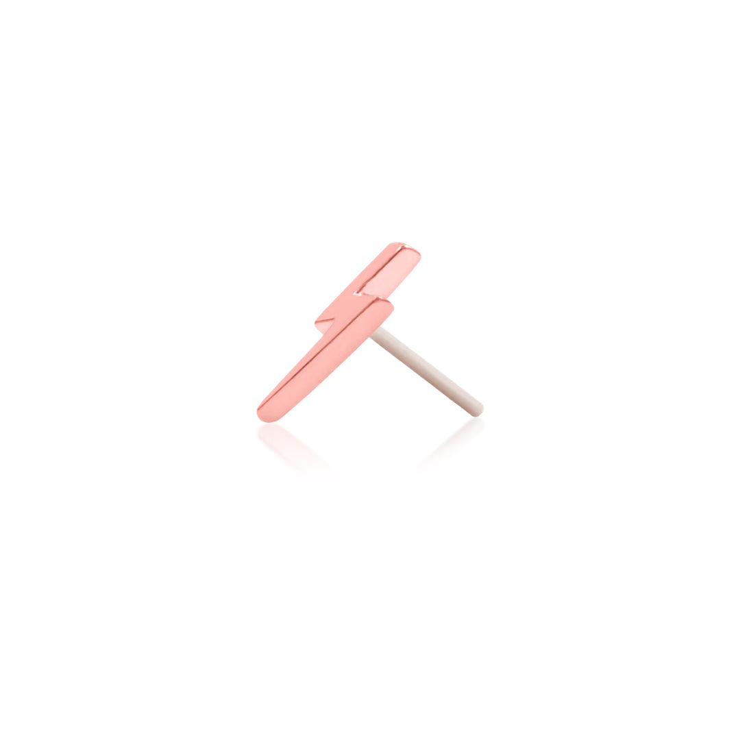 Solid 14k rose gold piercing stud shaped like a directional lightning bolt