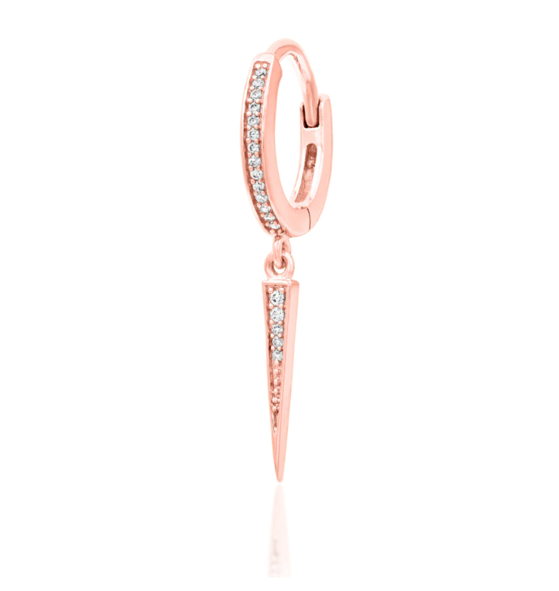 Gold spike earring in 14k rose gold, featuring Junipurr Ria with a sharp suspended gemstone charm.