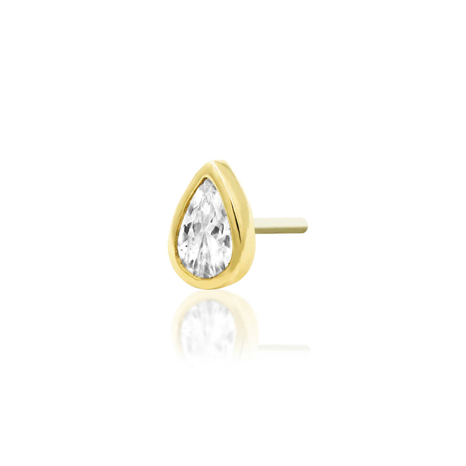 Gold tragus earring with a petite pear-shaped White CZ in a polished bezel
