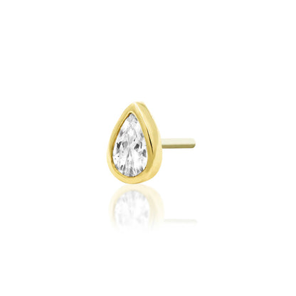 Gold tragus earring with a petite pear-shaped White CZ in a polished bezel

