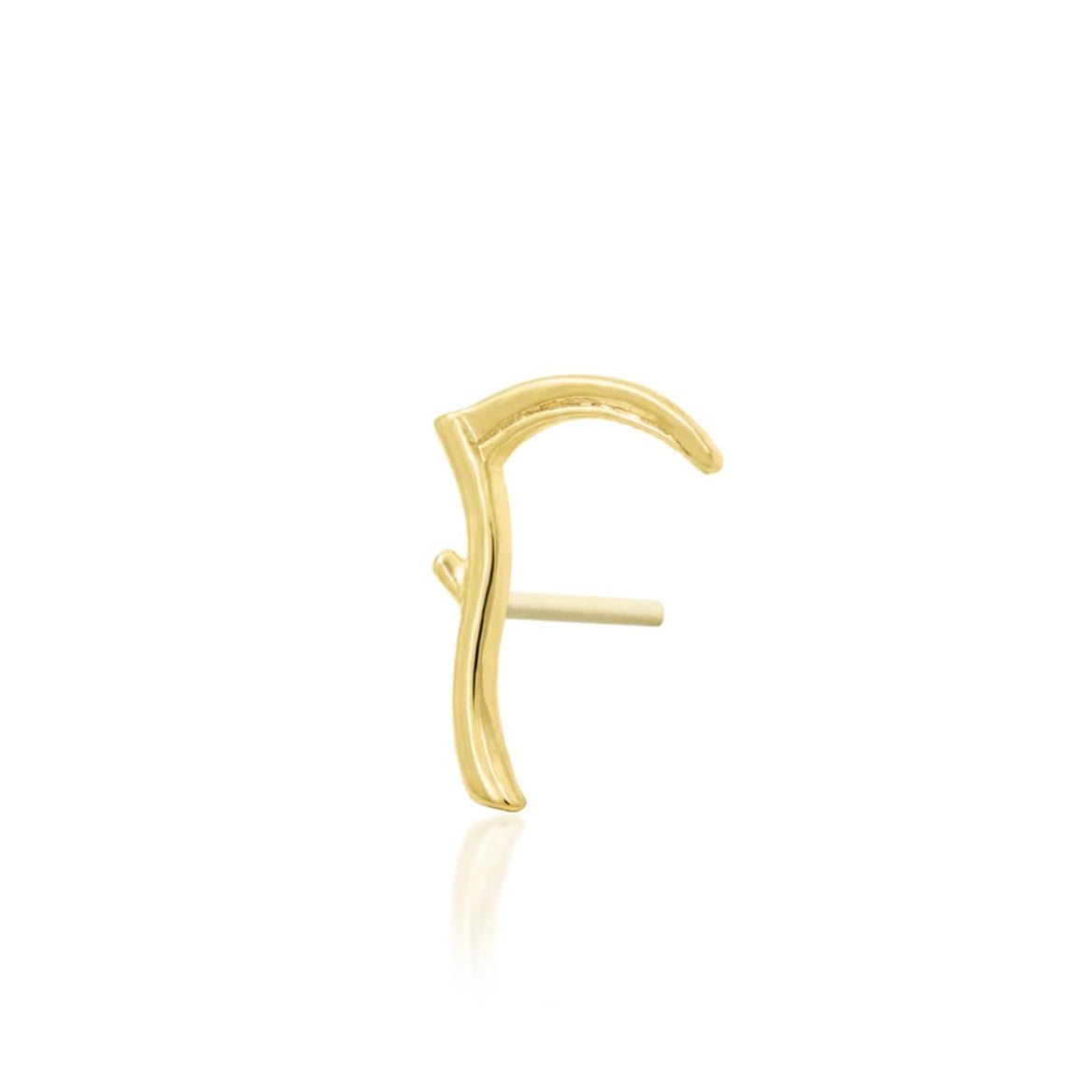 Gothic helix earring in yellow gold shaped like a polished Grim Reaper scythe.