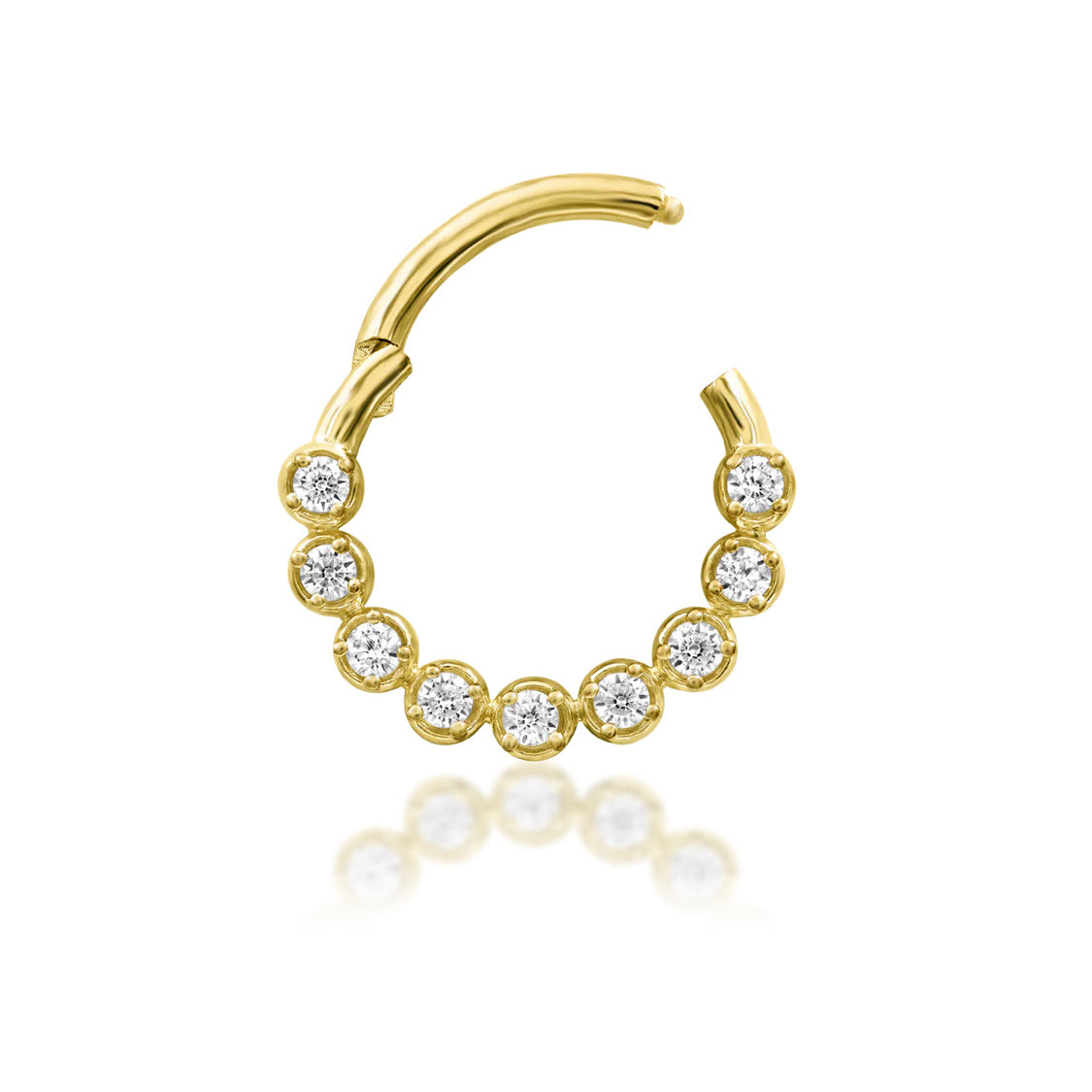 Graduated CZ clicker ring in 14k yellow gold featuring the nine white CZ design of Junipurr Aziza.
