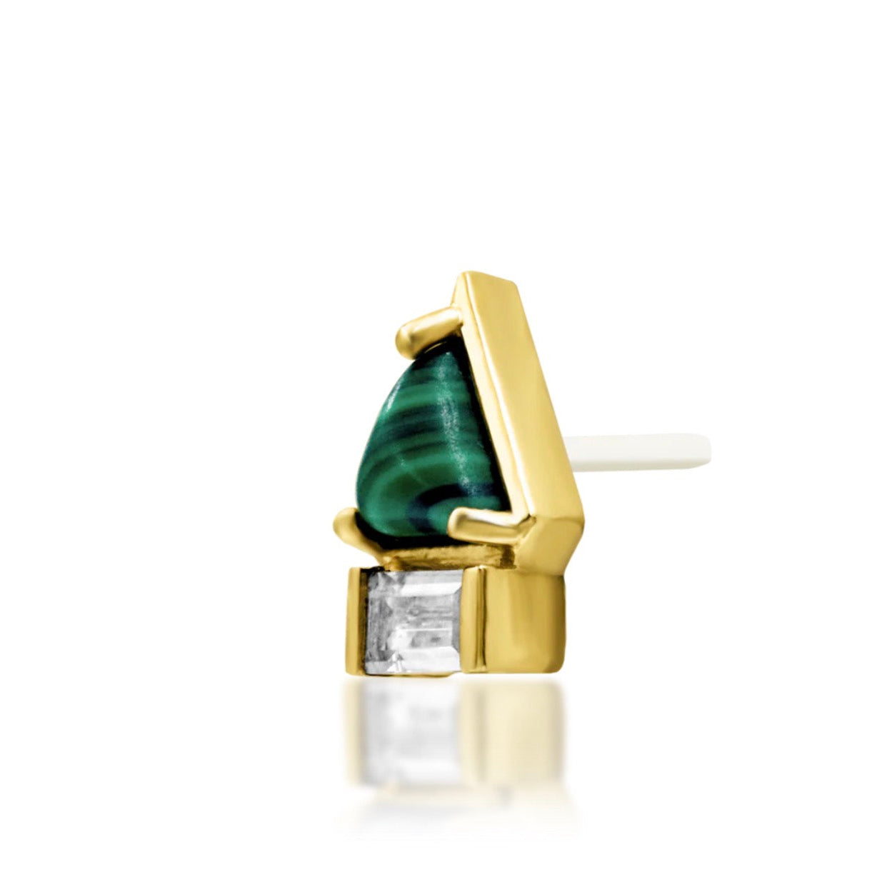Green gemstone cartilage earring in yellow gold featuring genuine malachite and contrasting white cubic zirconia.