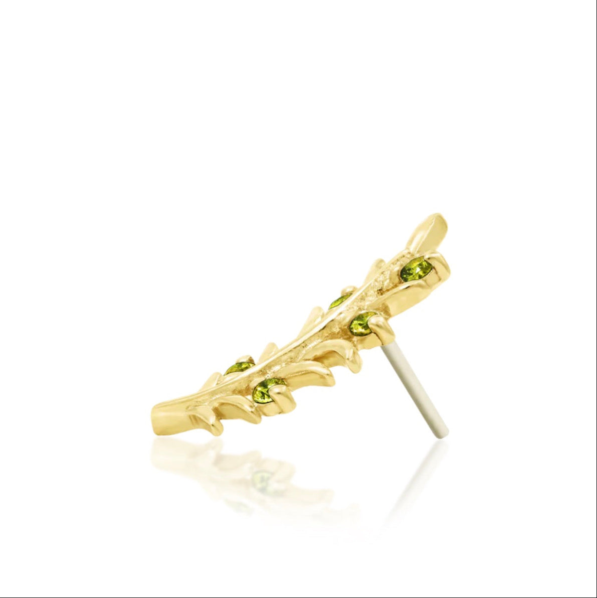 Green gemstone earring in solid yellow gold featuring a slender botanical branch and five 1mm CZ accents.