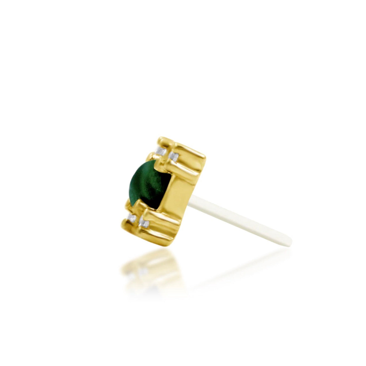 Green gemstone earring in solid yellow gold featuring genuine malachite with naturally individual patterning.