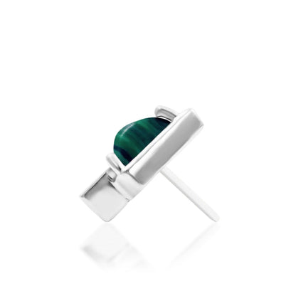 Green gemstone flat earring in white gold featuring genuine malachite and a slender white cubic zirconia.