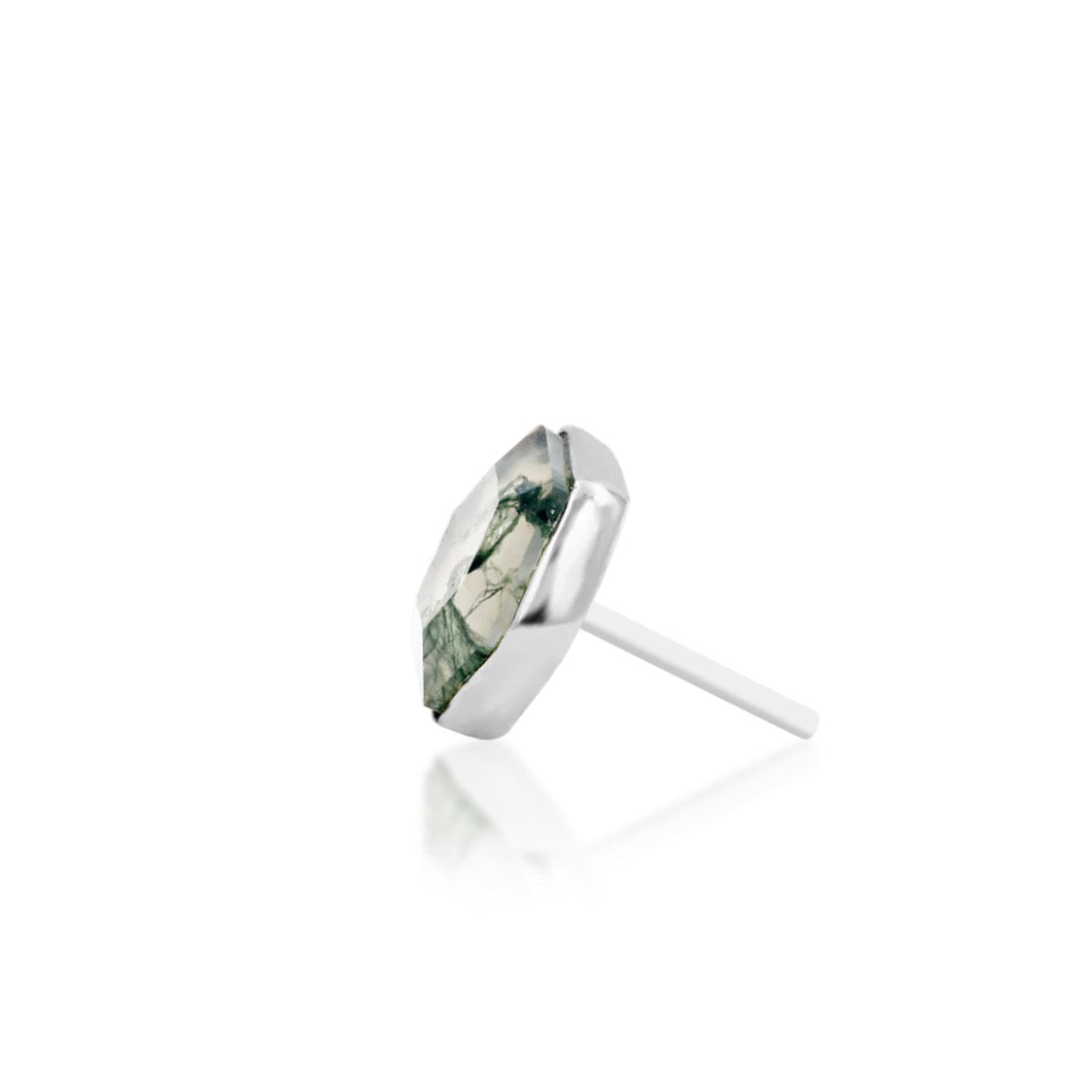 Side profile of a white gold tragus earring featuring a compact natural green gemstone design