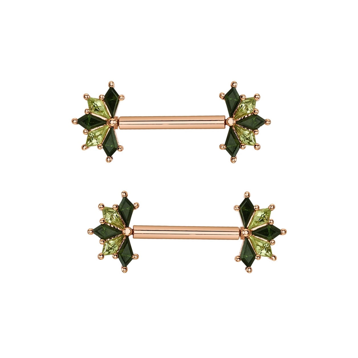 BVLA Spirit rose gold nipple barbell with Green Tourmaline and Peridot kite-cut gemstone ends