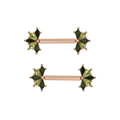 BVLA Spirit rose gold nipple barbell with Green Tourmaline and Peridot kite-cut gemstone ends