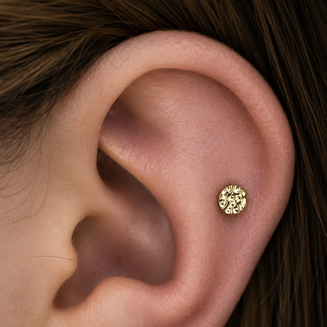 Junipurr Hammered Disk styled as a subtle textured accent within a curated gold ear