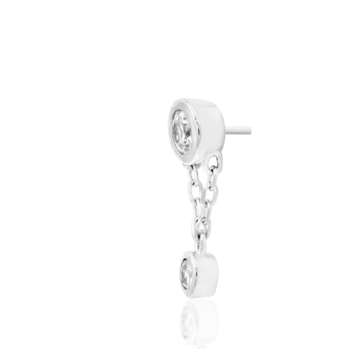 Helix dangle earring in white gold with a slim chain drop and brilliant clear cubic zirconia.