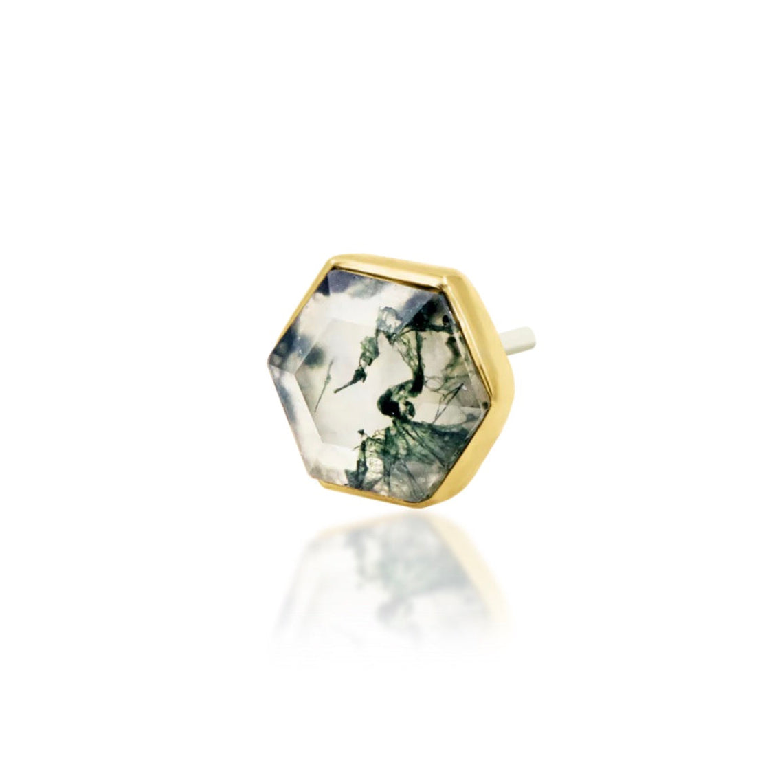 Angled view of a yellow gold cartilage earring featuring genuine hexagon-cut moss agate