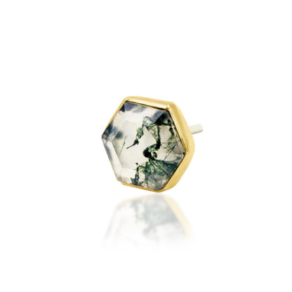 Angled view of a yellow gold cartilage earring featuring genuine hexagon-cut moss agate