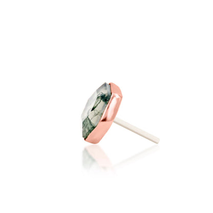 Side profile of a rose gold lobe earring with a framed hexagonal natural gemstone