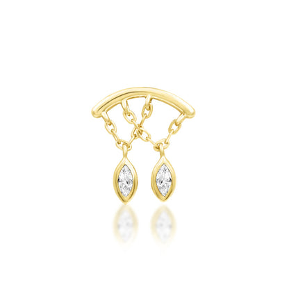 Hidden helix dangle earring top in solid 14k yellow gold with two suspended marquise white CZ drops.
