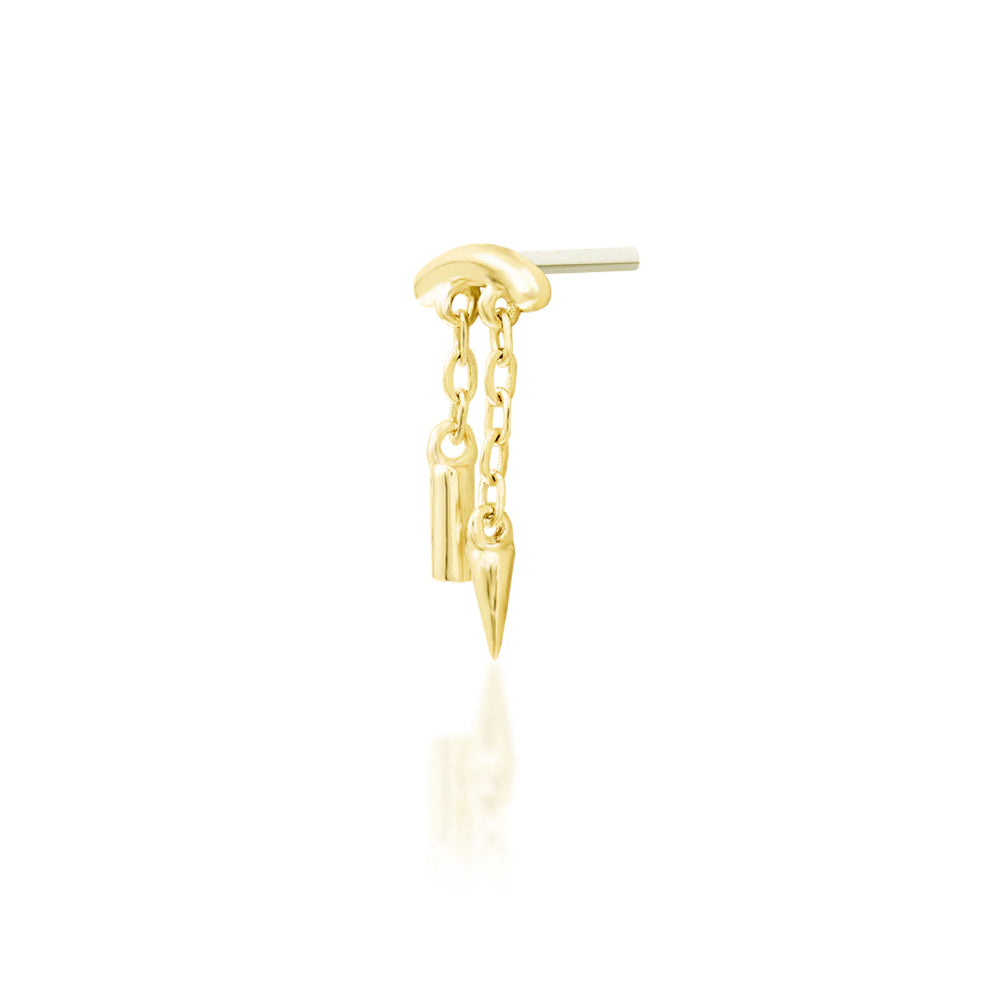 Hidden helix dangle earring in yellow gold with fine chains creating a floating gold effect beneath the ear.
