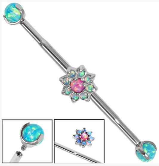 8 Point Opal Flower Titanium Internally Threaded Industrial Scaffold Barbells