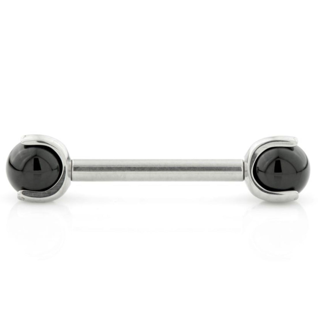 Titanium Internal Prong Nipple Bar With Black Agate Stone