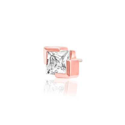 Junipurr Ada solid 14k rose gold threadless end with a princess-cut White CZ, angled view.