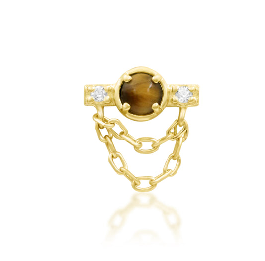 Junipurr Ade solid 14k gold Tiger Eye chain threadless decorative end, product view.