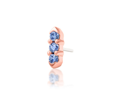 Junipurr Adea solid 14k rose gold Light Tanzanite CZ threadless end, side profile.