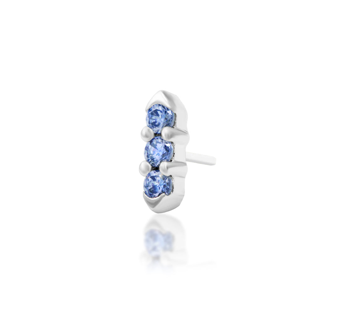 Junipurr Adea solid 14k white gold Light Tanzanite CZ threadless end, angled view.