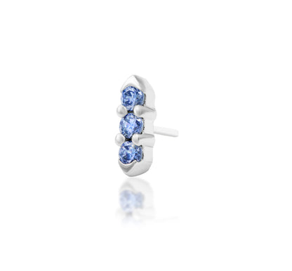 Junipurr Adea solid 14k white gold Light Tanzanite CZ threadless end, angled view.