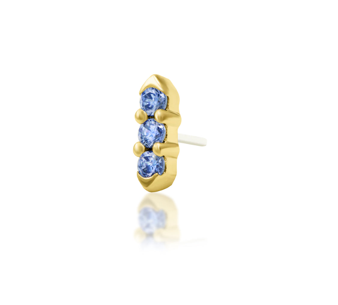 Junipurr Adea solid 14k yellow gold Light Tanzanite CZ threadless end, angled view.
