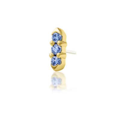 Junipurr Adea solid 14k yellow gold Light Tanzanite CZ threadless end, angled view.
