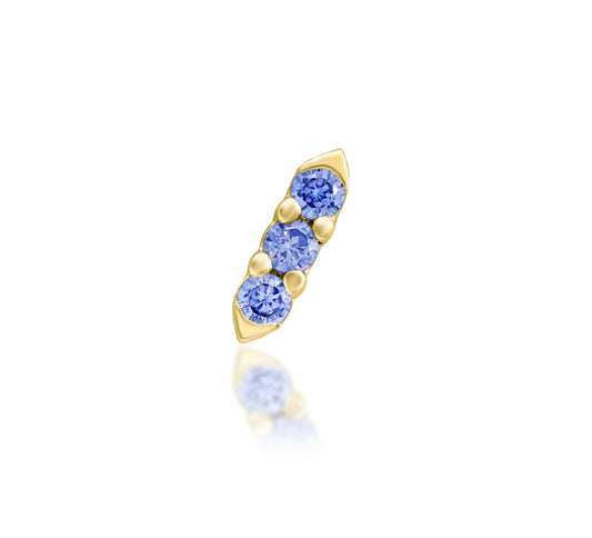 Junipurr Adea solid 14k yellow gold Light Tanzanite CZ threadless end, front view.