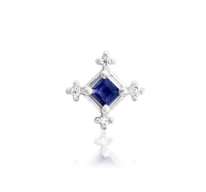 Junipurr Adelaide white gold jewellery with a square iolite and small white CZ accents, front view.