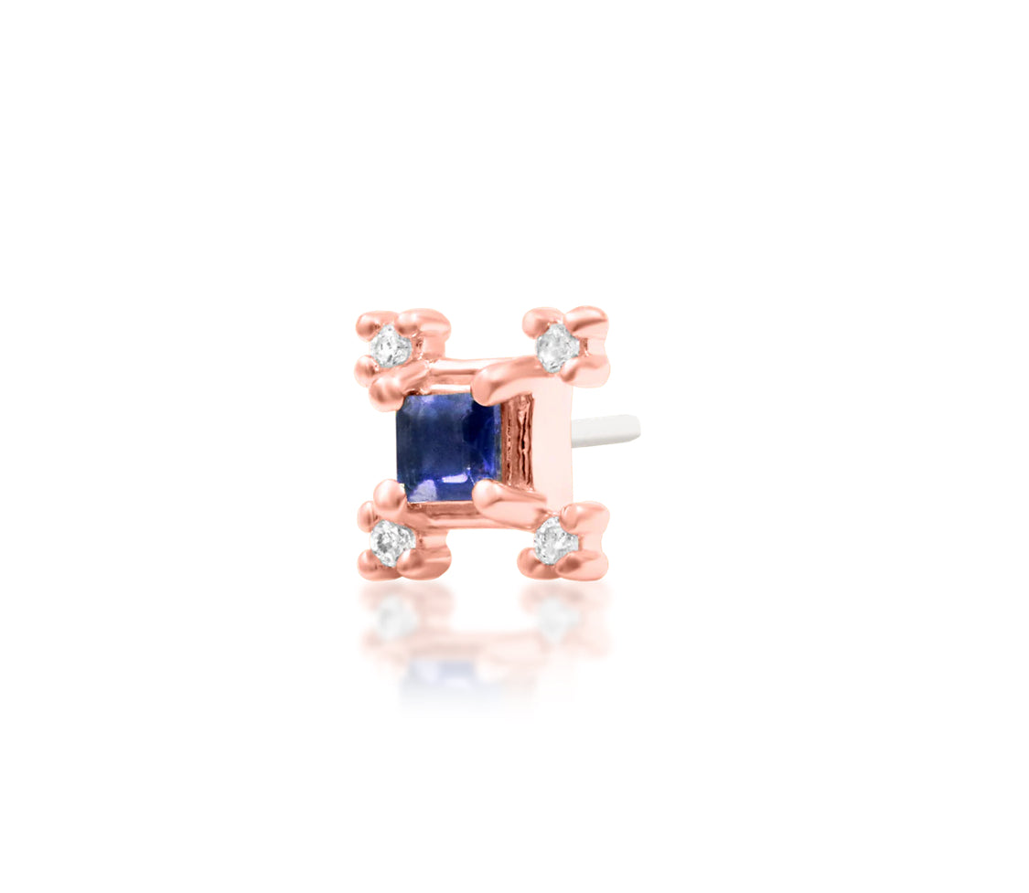 Junipurr Adelaide solid 14k white gold square Iolite and White CZ threadless end, angled view.