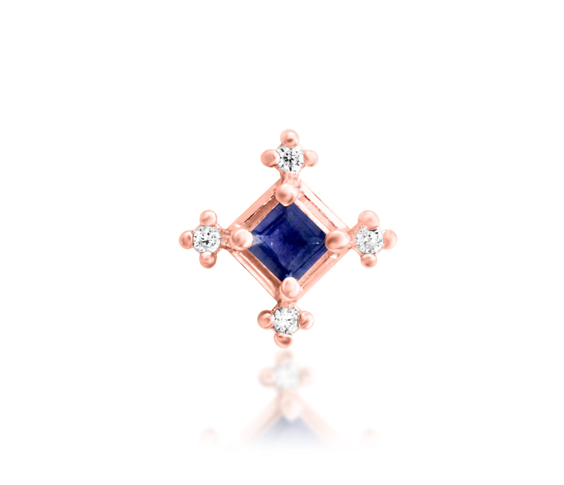 Junipurr Adelaide solid 14k white gold square Iolite and White CZ threadless end, front view.