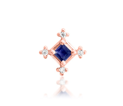 Junipurr Adelaide solid 14k white gold square Iolite and White CZ threadless end, front view.