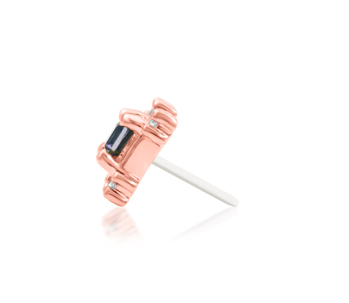 Junipurr Adelaide solid 14k white gold square Iolite and White CZ threadless end, side profile.