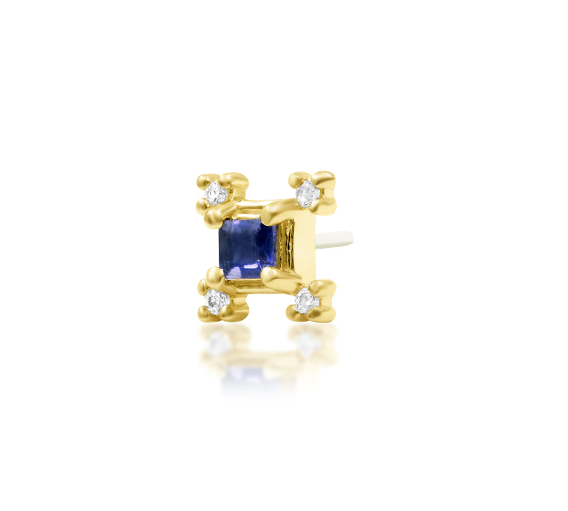 Junipurr Adelaide solid 14k yellow gold square Iolite and White CZ threadless end, angled view.