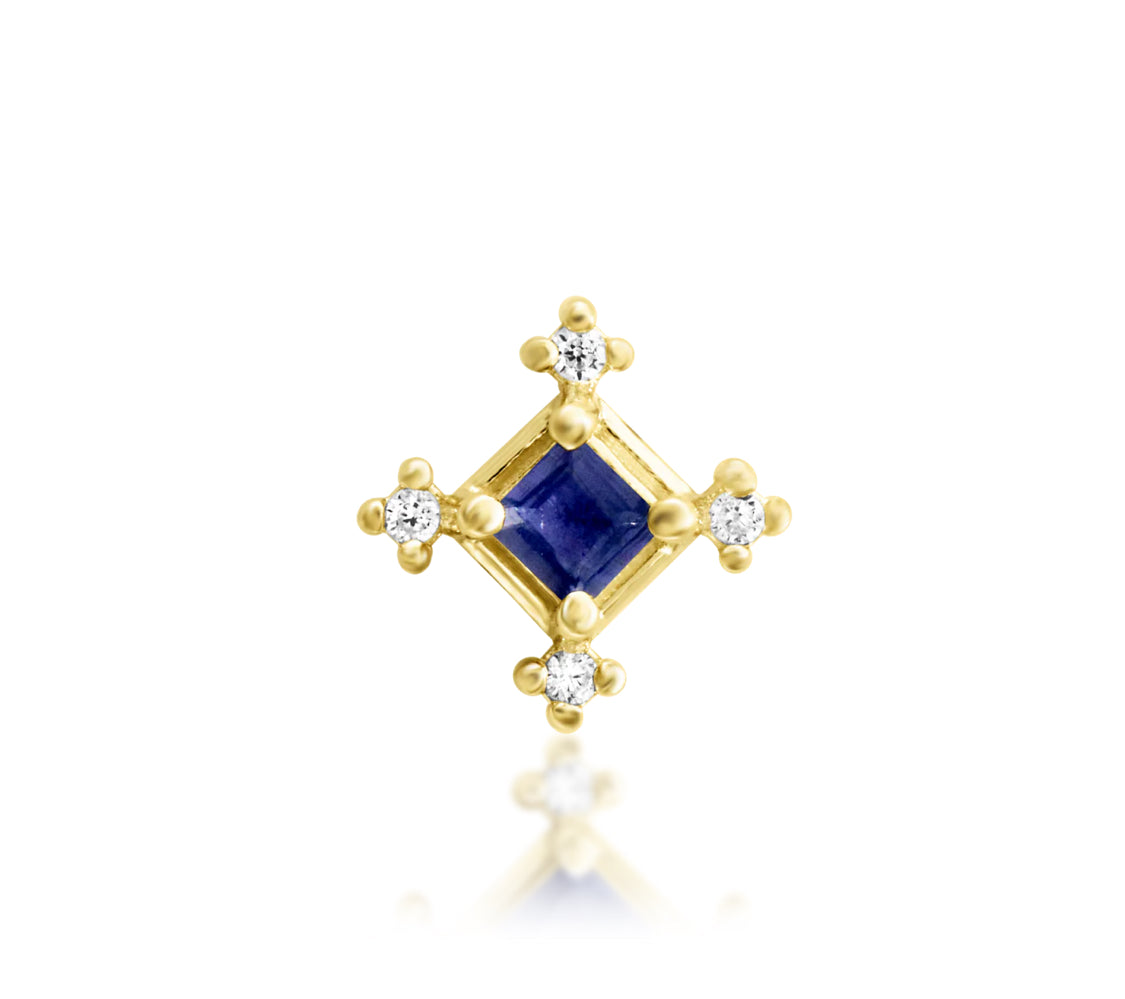 Junipurr Adelaide solid 14k yellow gold square Iolite and White CZ threadless end, front view.