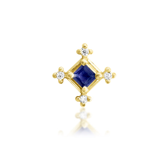 Junipurr Adelaide solid 14k yellow gold square Iolite and White CZ threadless end, front view.